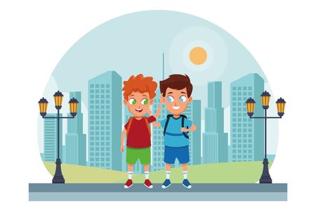 childhood adorable school students happy boys friends wearing backpack cartoon in the city park, nature and urban scenery ,vector illustration graphic design.のイラスト素材