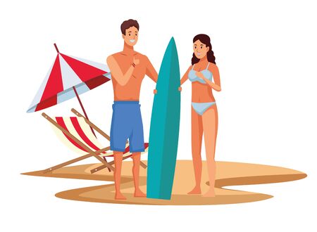 Young couple enjoying summer in swimsuit in beach at sunny day scenery isolated vector illustrationのイラスト素材