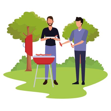 avatar men cooking sausages in a bbq grill outdoor, colorful design , vector illustrationのイラスト素材