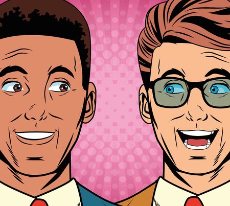 Pop art surprised businessmen faces cartoon over striped background vector illustration graphic designのイラスト素材