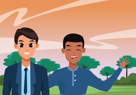 Male friends smiling and greeting cartoons in the park vector illustration graphic designのイラスト素材