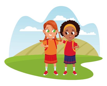 childhood adorable school students cute girls friends wearing backpack cartoon in nature outdoors scenery with trees ,vector illustration graphic design.のイラスト素材