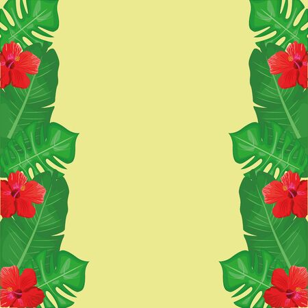 frame with tropical leaves and flowers over green background, colorful design , vector illustrationのイラスト素材