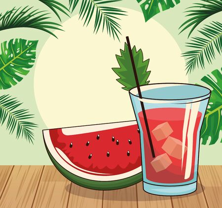 watermelon slice and cocktail over tropical leaves and retro style background, colorful design , vector illustrationのイラスト素材