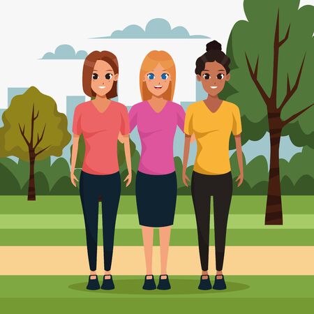 cartoon women friends in the park, colorful design. vector illustrationのイラスト素材