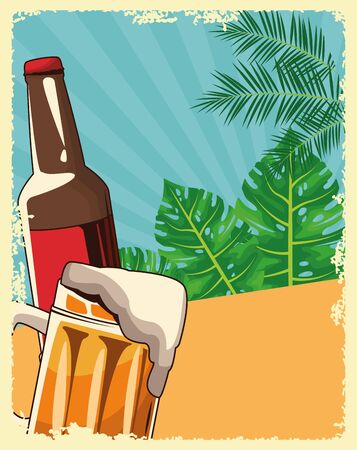 beer bottle and mug over tropical leaves and retro style background, colorful design , vector illustrationのイラスト素材