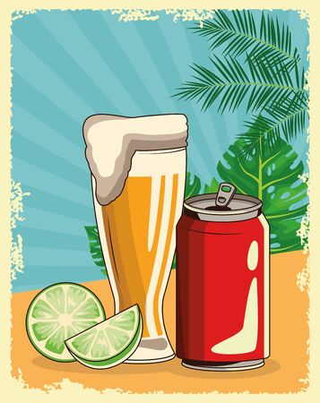 beer glass and soda can over tropical leaves and retro style background, colorful design , vector illustrationのイラスト素材