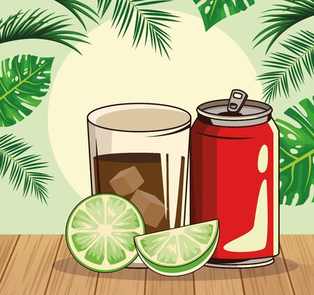 soda can and cocktail glass over tropical leaves and retro style background, colorful design , vector illustrationのイラスト素材