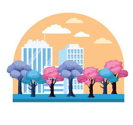 colorful trees and city buildings landscape over white background, vector illustrationのイラスト素材