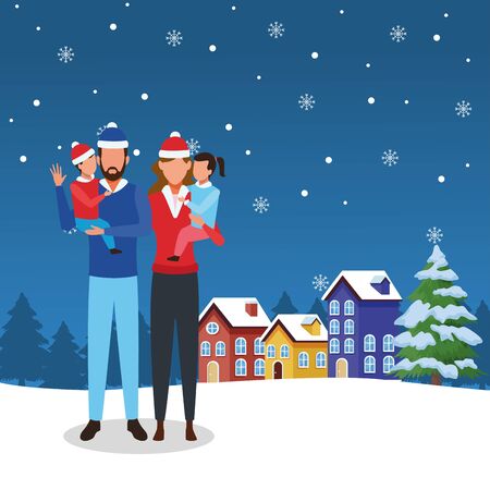 avatar couple holding a little kids over winter houses and pine tree, colorful design. vector illustrationのイラスト素材