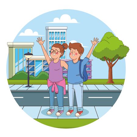 cartoon teen boy and girl waving in the street, urban cityscape scenery background, vector illustrationのイラスト素材