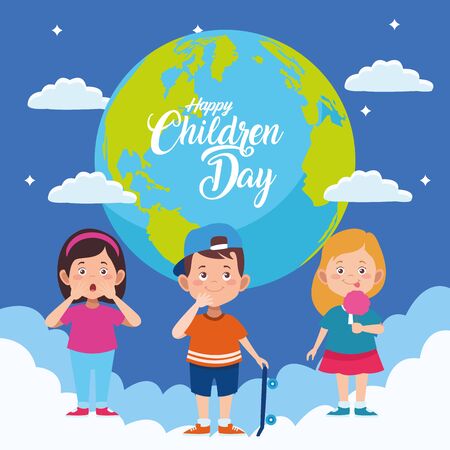 happy children day with kids in the world planet vector illustration designのイラスト素材