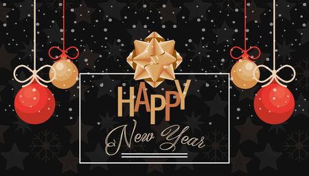 happy new year card with balls hanging vector illustration designのイラスト素材