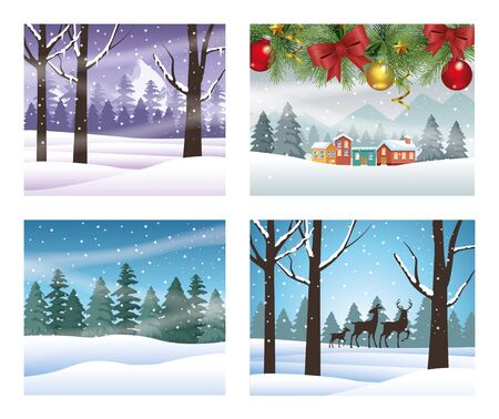 merry christmas cards with snowscapes scenes vector illustration designのイラスト素材
