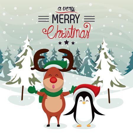 happy merry christmas card with cute reindeer and penguin vector illustration designのイラスト素材