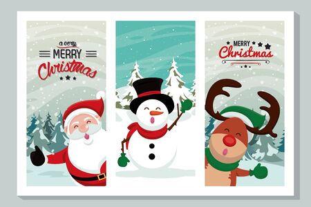 happy merry christmas card with cute characters vector illustration designのイラスト素材