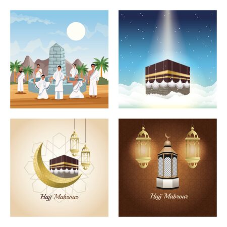 bundle of muslims persons in hajj mabrur travel scenes vector illustration designのイラスト素材