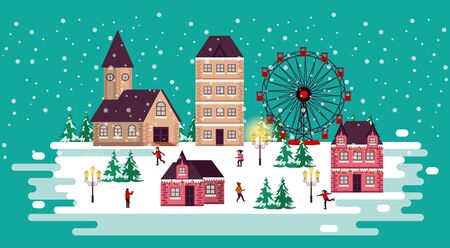 christmas winter scene with panoramic wheel and people vector illustration designのイラスト素材