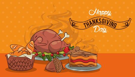 happy thanksgiving day card with delicious food vector illustration designのイラスト素材