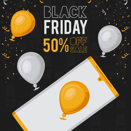 black friday sale poster with smartphone and balloons helium vector illustration designのイラスト素材