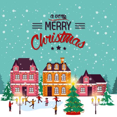 christmas winter street scene with people happy vector illustration designのイラスト素材