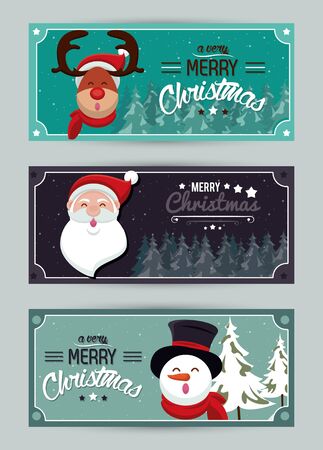 happy merry christmas card with cute characters vector illustration designのイラスト素材