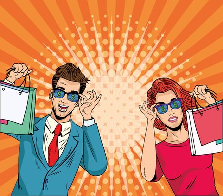Woman and man with shopping bag design, Commerce market store retail paying and buying theme Vector illustrationのイラスト素材