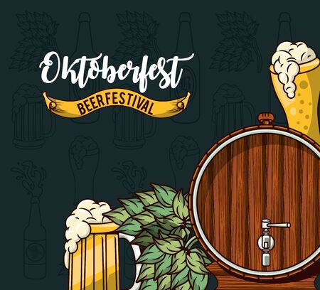 Oktoberfest Celebration poster design with beer and hop cone, vector illustrationのイラスト素材
