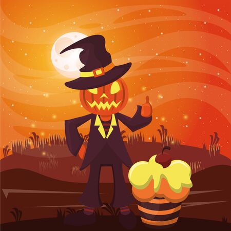 halloween dark scene with person disguised pumpkin vector illustration designのイラスト素材