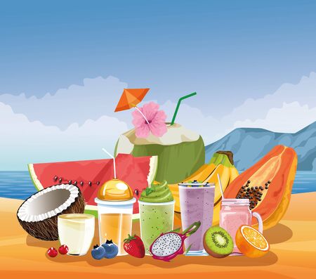 Summer drinks and cocktail on beach scenery, tropical fruits juice and vacations cartoons.のイラスト素材