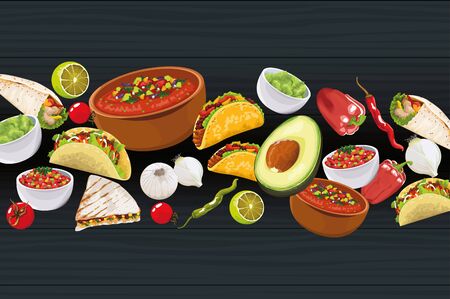 Delicious Mexican Food over black background, vector illustrationのイラスト素材