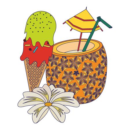 summer beach and vacation with pineapple beverage and ice cream icon cartoons vector illustration graphic designのイラスト素材