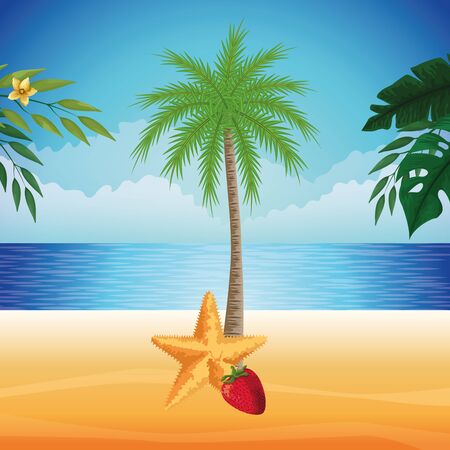 summer beach and vacation with starfish, tropical fruit and palm icon cartoon over the beach with seascape vector illustration graphic designのイラスト素材