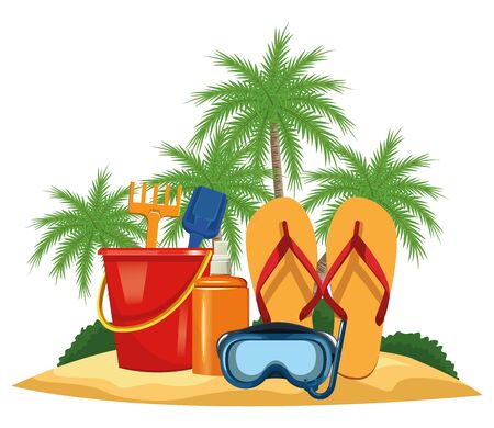 summer beach and vacation with sand bucket with slove and rake toys, sunscreen jar, sandals and snorkel icon cartoon over the beach with palms vector illustration graphic designのイラスト素材