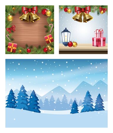 merry christmas cards with snowscapes and decorations vector illustration designのイラスト素材