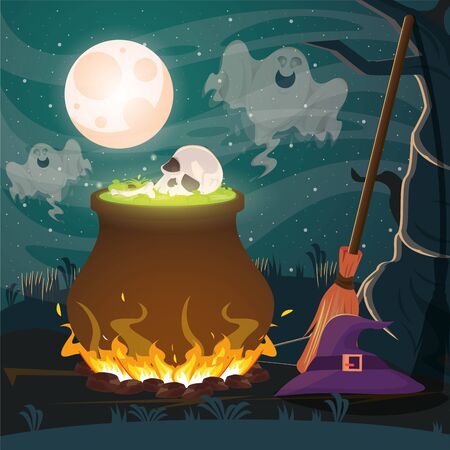 halloween dark scene with cauldron and skull vector illustration designのイラスト素材