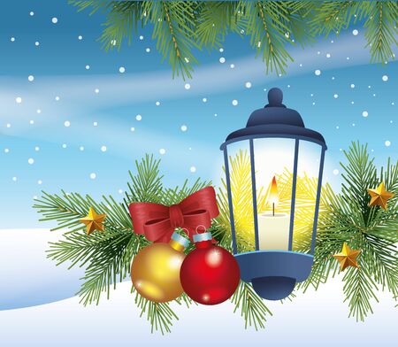 merry christmas card with kerosene lantern in snowscape vector illustration designのイラスト素材