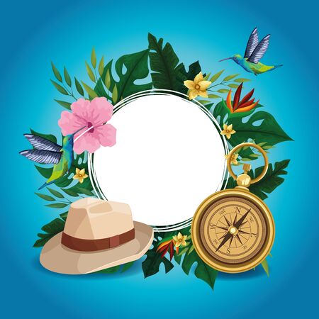 Summer blank round frame with travel cartoons and tropical flowers vector illustration graphic designのイラスト素材