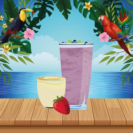 tropical fruit and smoothie drink with strawberry icon cartoon over the wooden floor with seascape vector illustration graphic designのイラスト素材