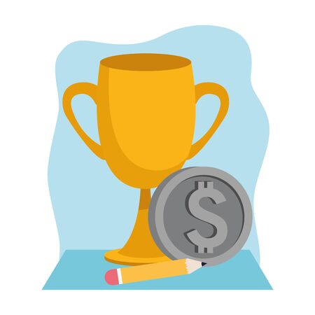 trophy cup and money coin icon over blue and white background, colorful design , vector illustrationのイラスト素材