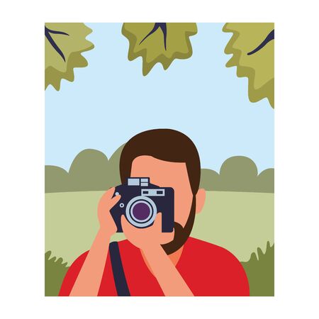 Photographer with camera profession avatar in nature park landscape vector illustration graphic designのイラスト素材