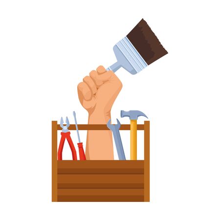 wooden tool box and hand holding a paint brush over white background, vector illustrationのイラスト素材