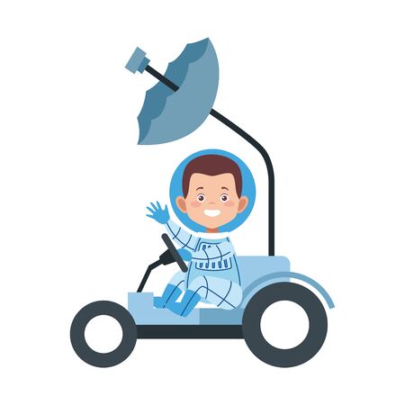 happy astronaut in a spacial car icon over white background, vector illustrationのイラスト素材