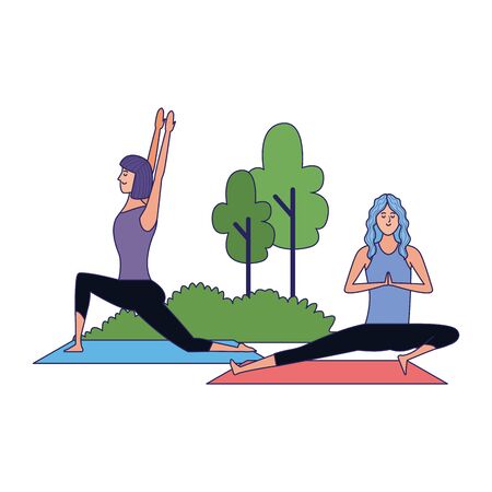 young women practicing yoga at outdoors icon over white background, vector illustrationのイラスト素材