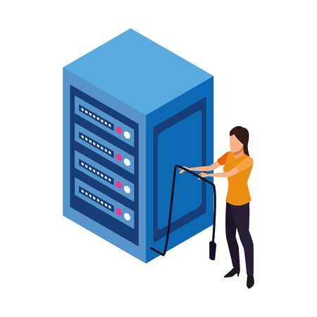data center server and woman holding a cord icon over white background, vector illustrationのイラスト素材