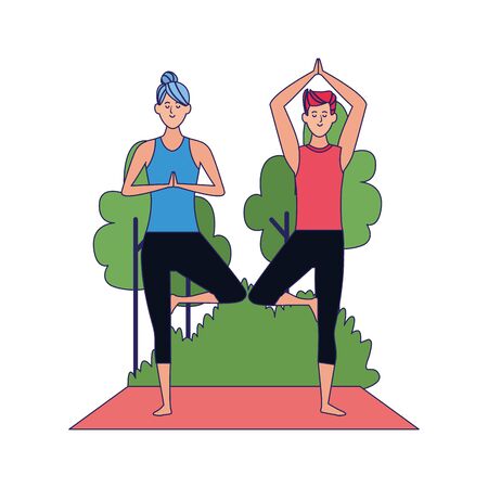 man and woman practicing yoga at outdoors over white background, vector illustrationのイラスト素材