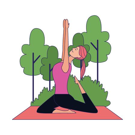 cartoon woman doing yoga warrior pose at outdoors over white background, colorful design , vector illustrationのイラスト素材