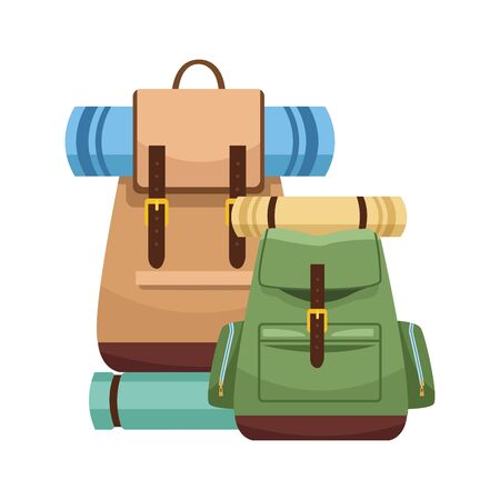 camping backpacks with sleeping bags icon over white background, vector illustrationのイラスト素材