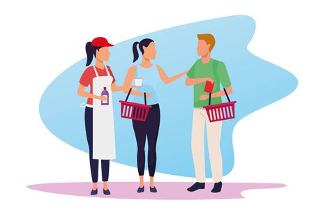 avatar supermarket worker giving samples a customers over white background, colorful design , vector illustrationのイラスト素材