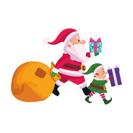 cartoon santa claus and elf with gift boxes over white background, vector illustrationのイラスト素材